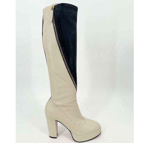 Gucci Navy Blue Ivory Bicolor Agon Knee High Asymmetric Zip Platform Boot EU 39 - Picture 2 of 15